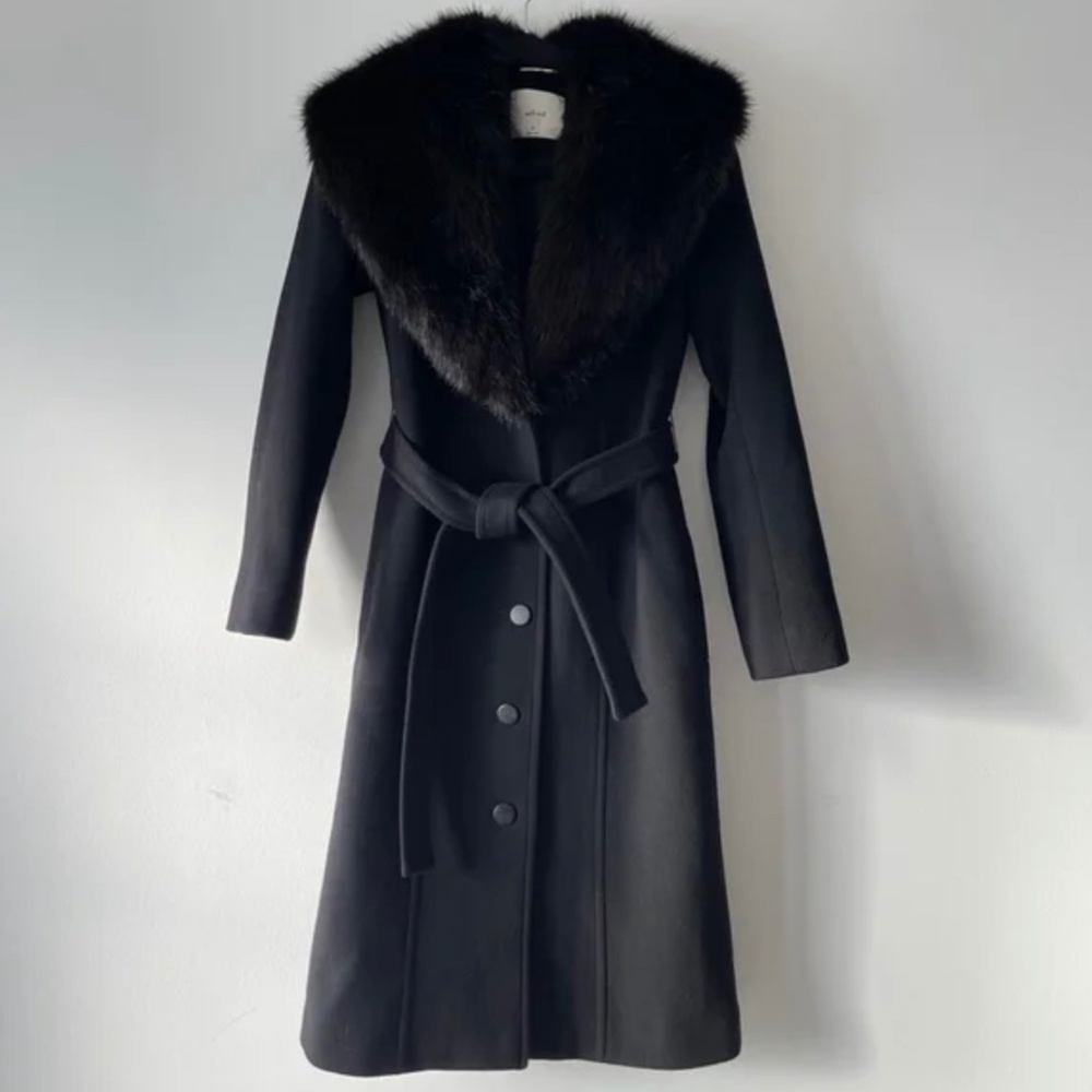SOLD Aritzia Wilfred Waldorf Coat Black Wool Faux Fur Collar long Coat belt